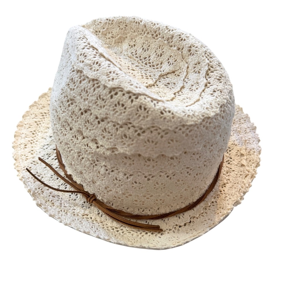 Beeline Beige Floral Eyelet Lace Fedora Hat with Faux Leather Cord Accent‎
